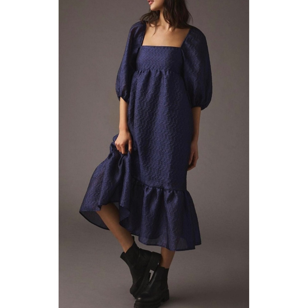 NWT Anthropologie Textured‎ Puff Sleeve Midi Dress Square Neck Navy Size Medium